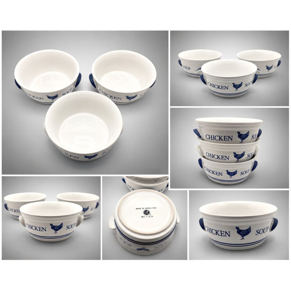 FTD Vintage Chicken Soup Bowls Set 3 Ceramic Blue White Hen Crocks Korea